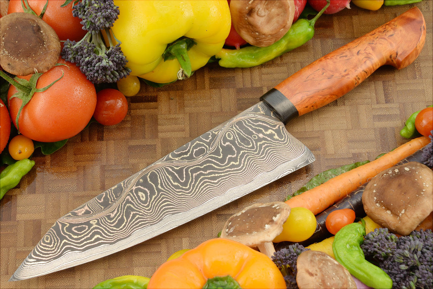 Wavy TigerMai Kiritsuke Chef's Knife (8-1/2 in.) with Masur Birch and Carbon Fiber