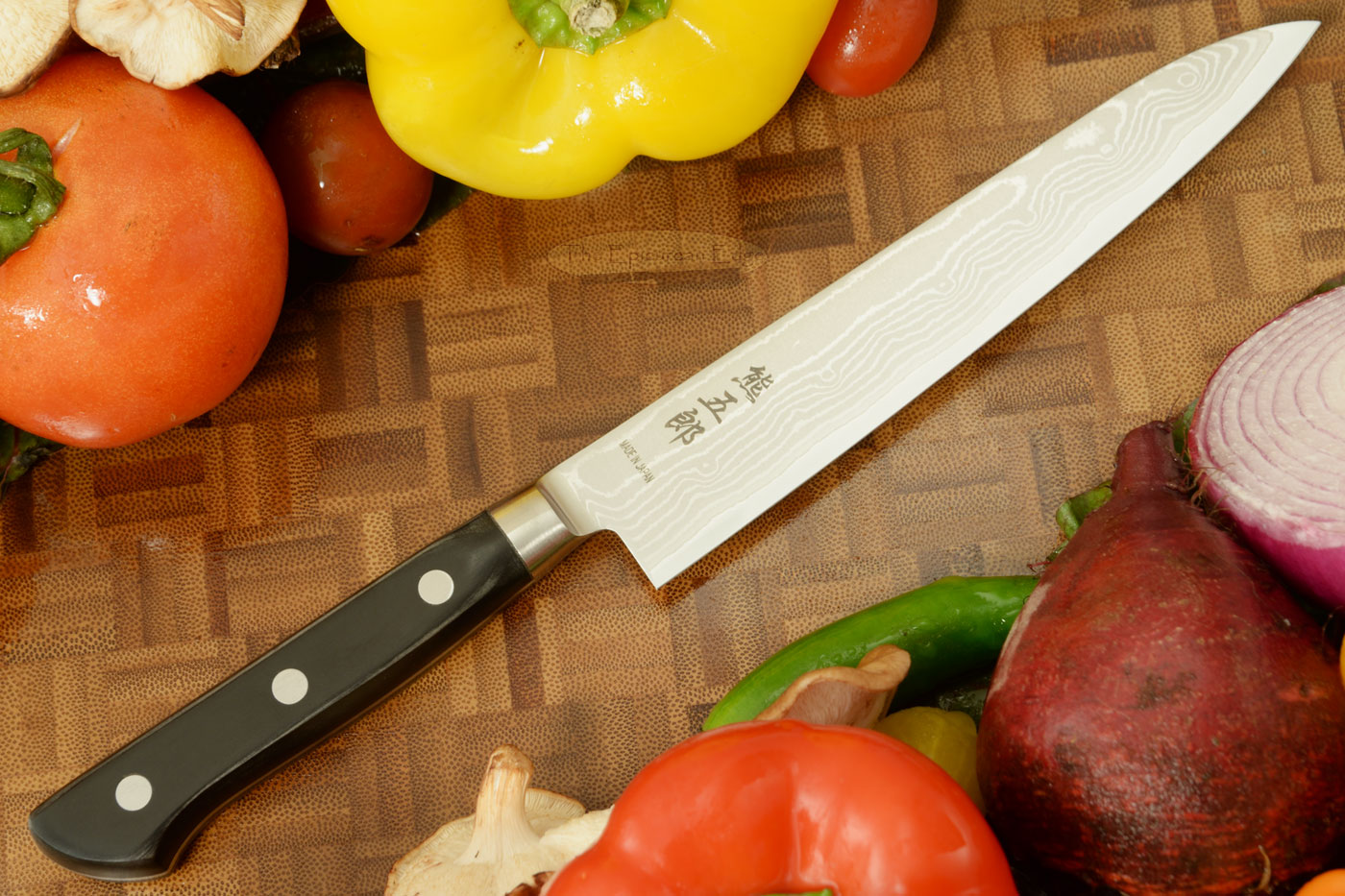Kumagoro Suminagashi, San Mai Damascus Utility Knife - Fruit Knife - 6 in. (150mm)