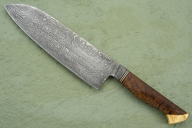 Damascus Santoku (Chef's Knife) with Curly Koa and Box Elder (7 1/4 in.)