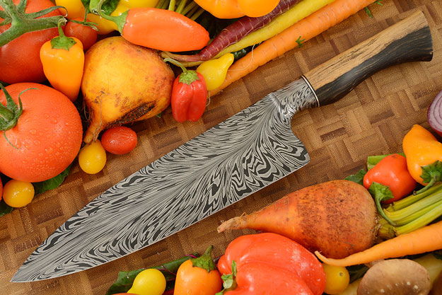 Chef's Knife (8.5 in.) with Feather Damascus and Black and White Ebony