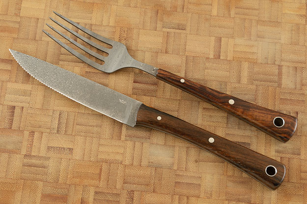 Stainless Damascus Fork and Serrated Knife Set with Ironwood